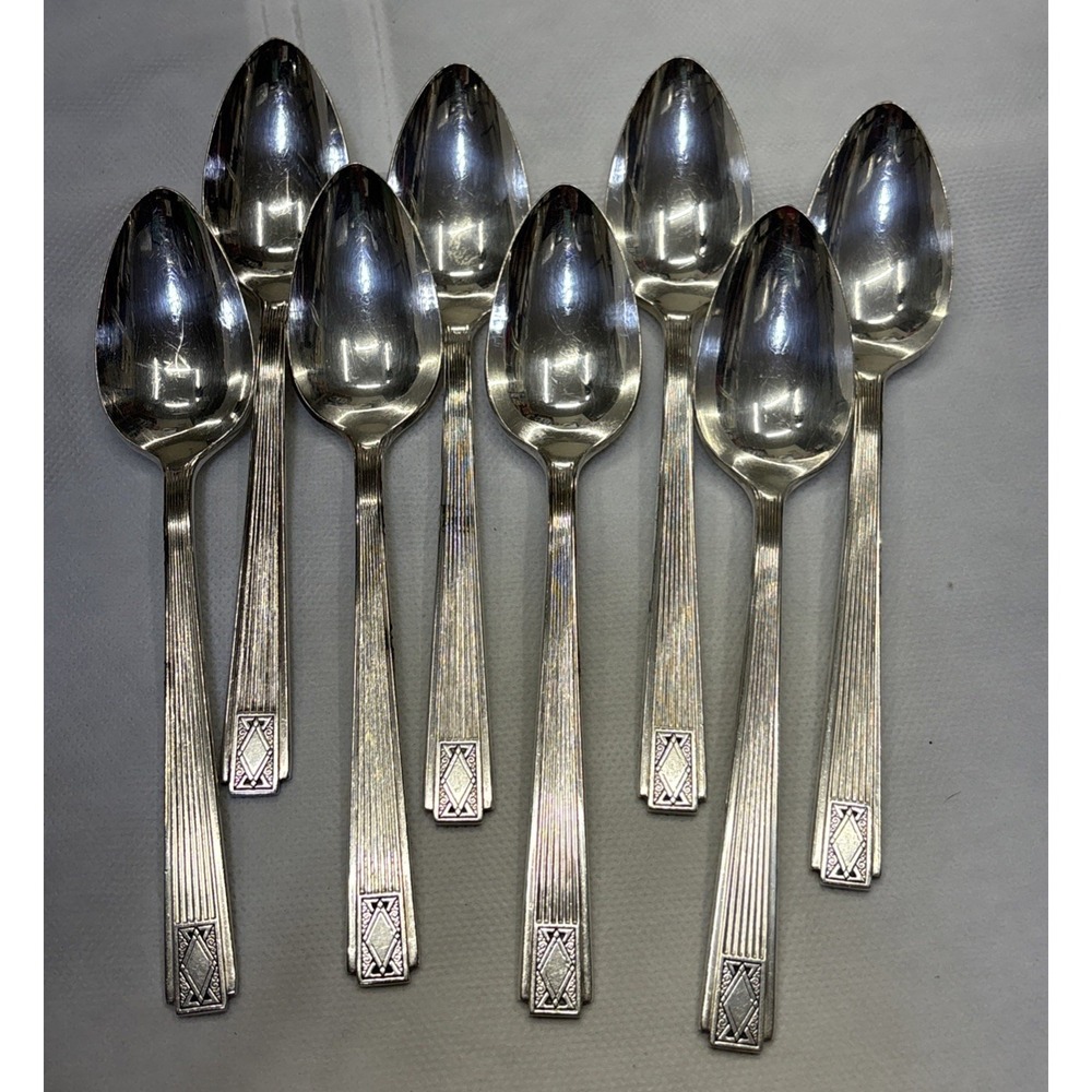 8 Oneida Community NOBLESSE Silver Plate 1930 Art Deco TEASPOONS Flatware